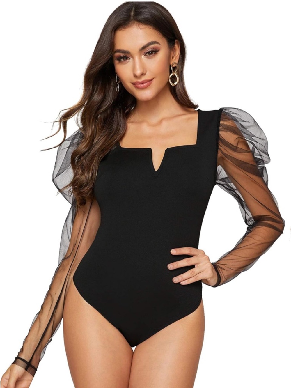 Chic Black Puff-Sleeve Mesh Bodysuit